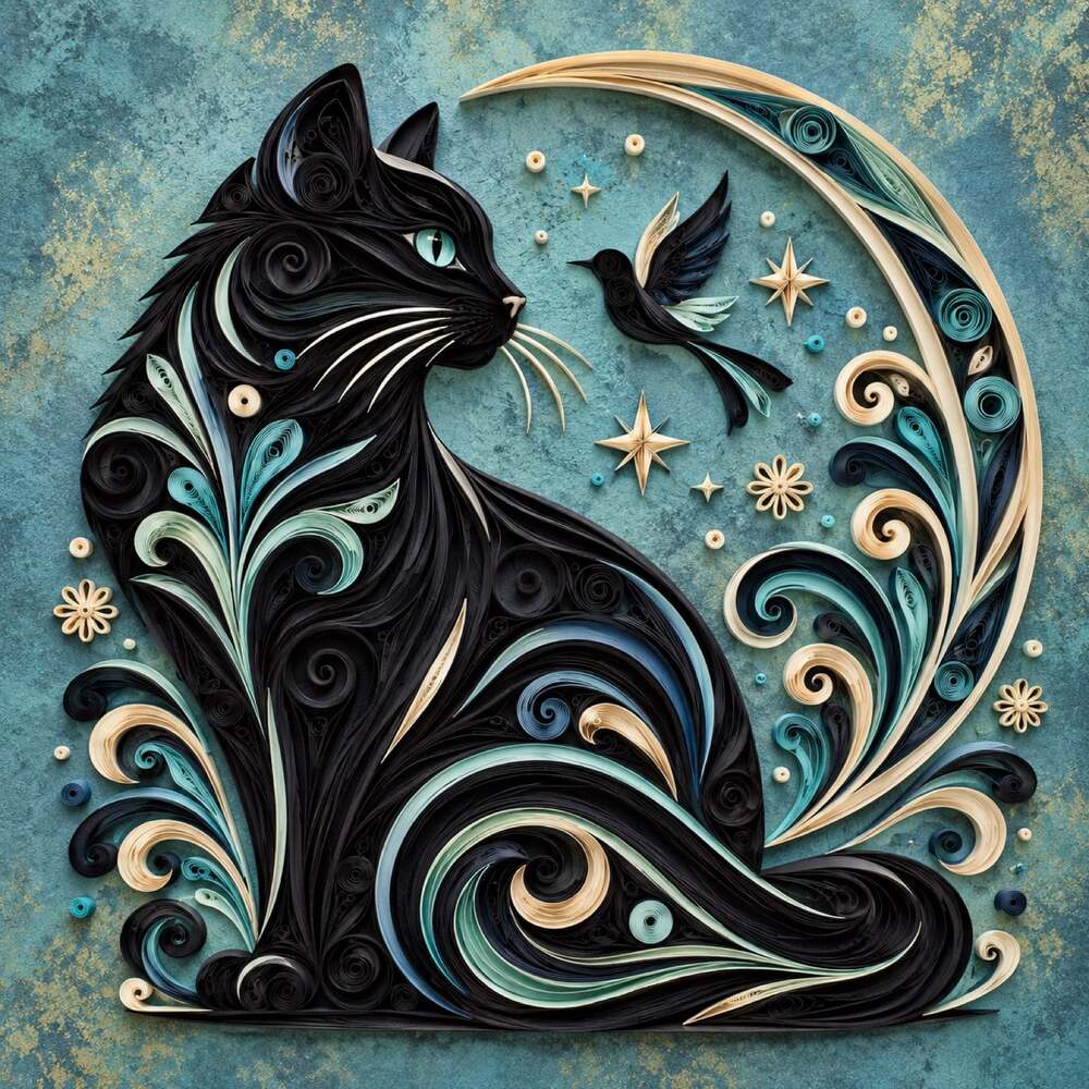 8x8 Framed Black Cat and Crescent Moon Art Print